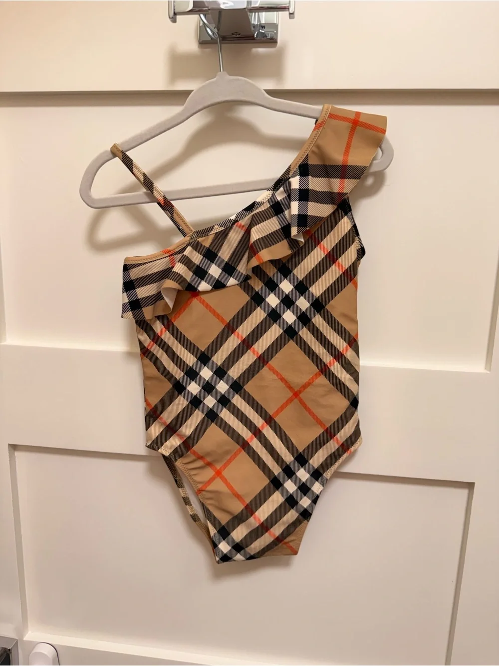 Burberry One-Shoulder Plaid Kids Swimsuit in Tan and Black